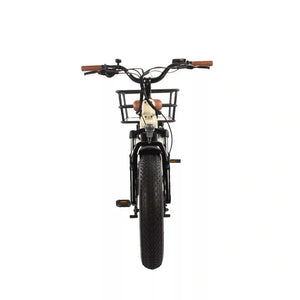 Front view of the cream EMU Longtail cargo electric bike with wide handlebars and suspension fork.