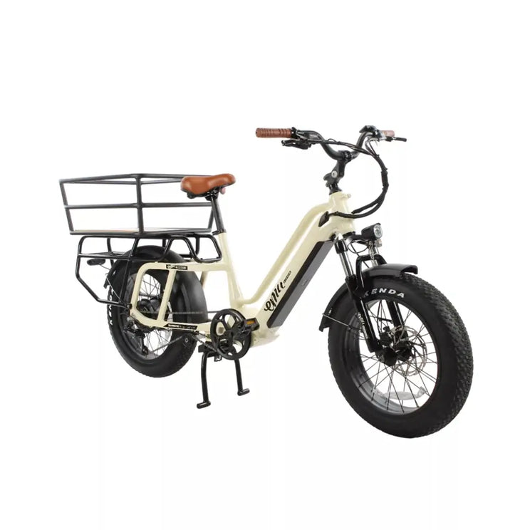 Side view of the cream EMU Longtail cargo electric bike with rear cargo rack and fat tyres.