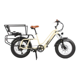 Beige Emu electric longtail bike with a cargo rack and kids seat on a white background