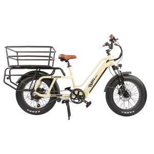 Full side profile of the cream EMU Longtail electric cargo bike with integrated battery and cargo rack.