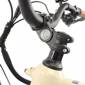 Adjustable handlebars on the EMU Longtail electric cargo bike with ergonomic brown comfort grips