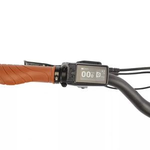 LCD handlebar display on the EMU Longtail cargo electric bike showing speed battery and assist modes.