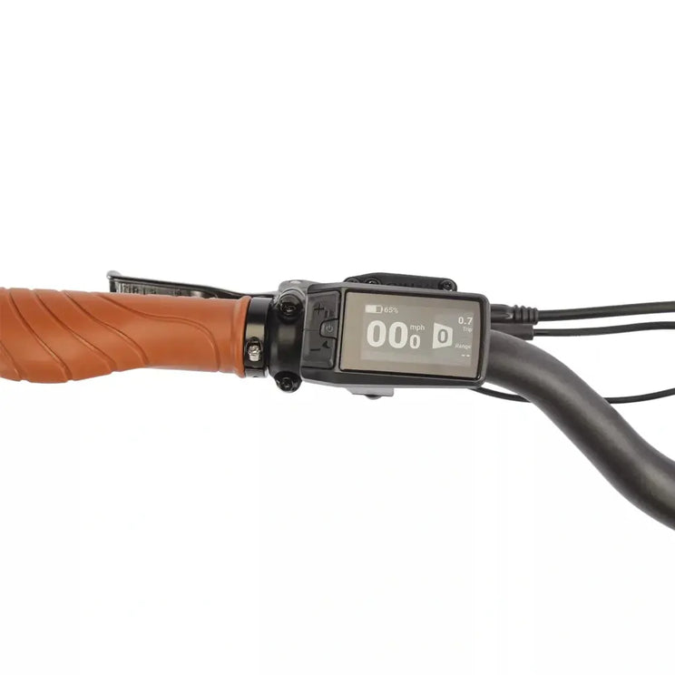 LCD handlebar display on the EMU Longtail cargo electric bike showing speed battery and assist modes.