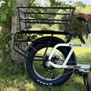 Rear view of Emu Longtail showing large cargo basket Kenda fat tyre and Shimano drivetrain.
