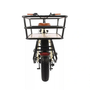 Rear cargo rack on the cream EMU Longtail electric bike designed for carrying luggage or child seats