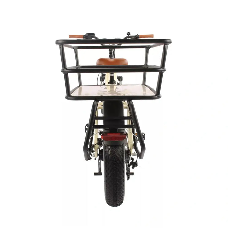 Rear cargo rack on the cream EMU Longtail electric bike designed for carrying luggage or child seats