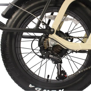 Rear wheel detail of the EMU Longtail cargo electric bike with Shimano 7 speed gearing and fat tyre.