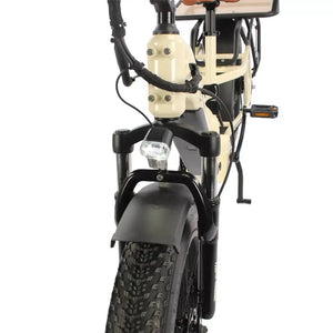 Front suspension fork and headlight on the cream EMU Longtail cargo electric bike with fat tyre.