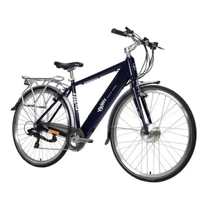 Angled side view of the navy blue Emu Roam Crossbar electric bike.