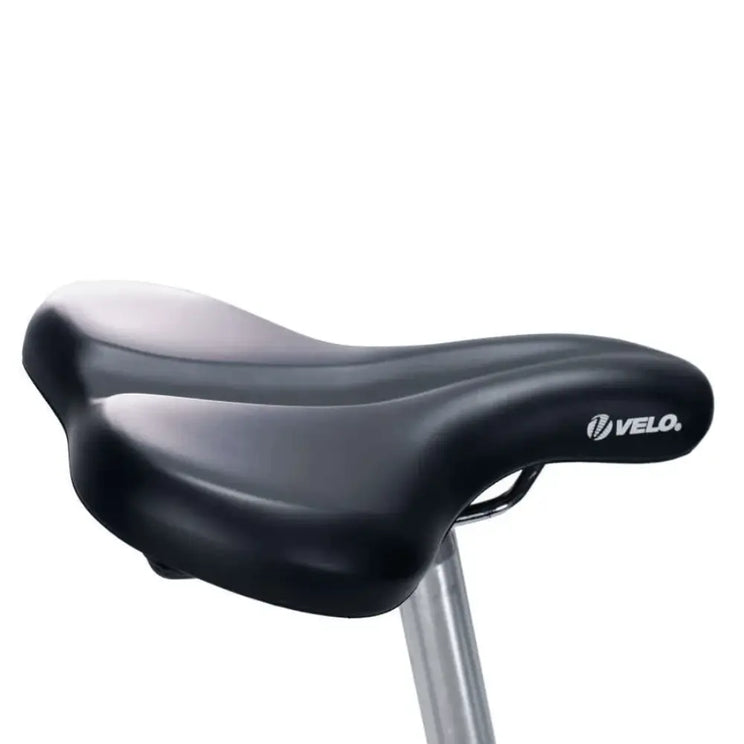 Close-up detail of the comfortable black Velo saddle seat on the Emu Roam electric bike.