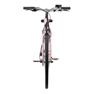 Front view of the pink Emu Roam electric bike showing the narrow road tyres, front rim brakes, and silver hub motor.