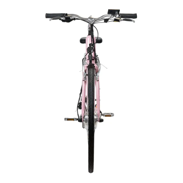 Front view of the pink Emu Roam electric bike showing the narrow road tyres, front rim brakes, and silver hub motor.
