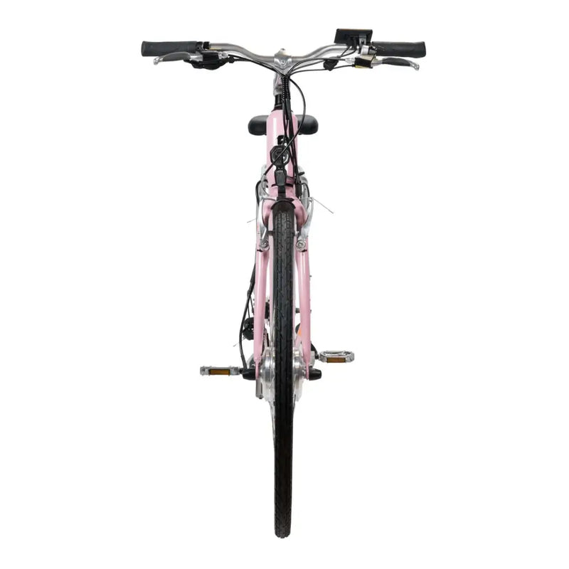 Front view of the pink Emu Roam electric bike showing the narrow road tyres, front rim brakes, and silver hub motor.