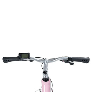Top view of the Emu Roam electric bike handlebars showing the LCD display, Shimano gear shifter, and silver stem.