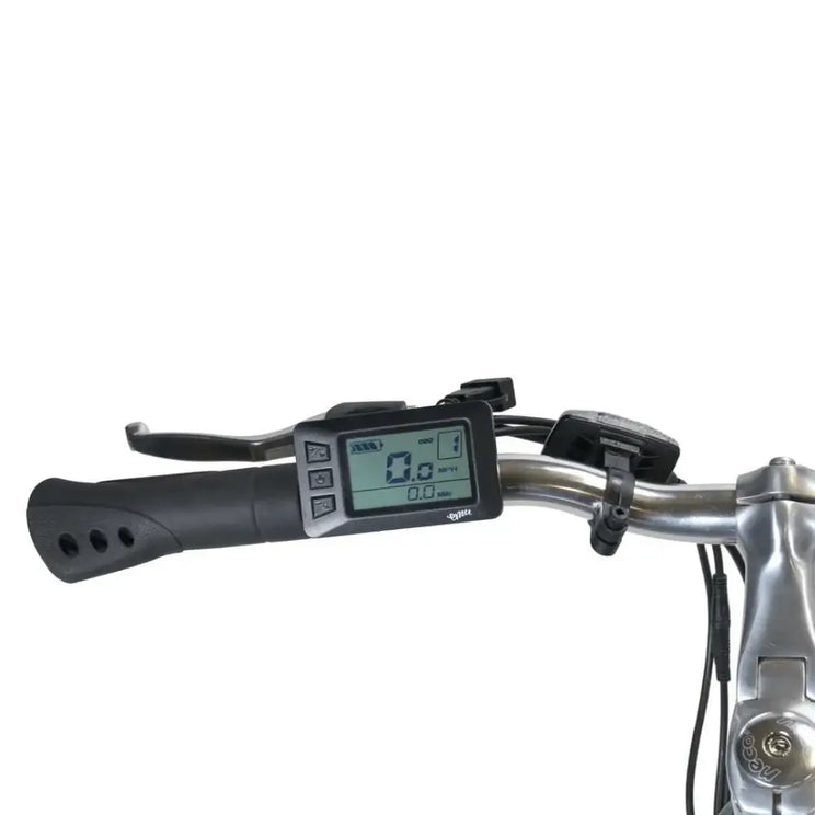 Close-up of the handlebar-mounted LCD display on the Emu Roam showing the speedometer, battery charge indicator, and power assist mode.