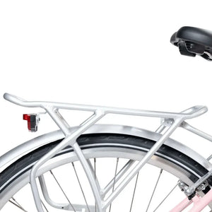 Close-up side profile of the silver rear luggage rack structure and mudguard on the Emu Roam electric bike.