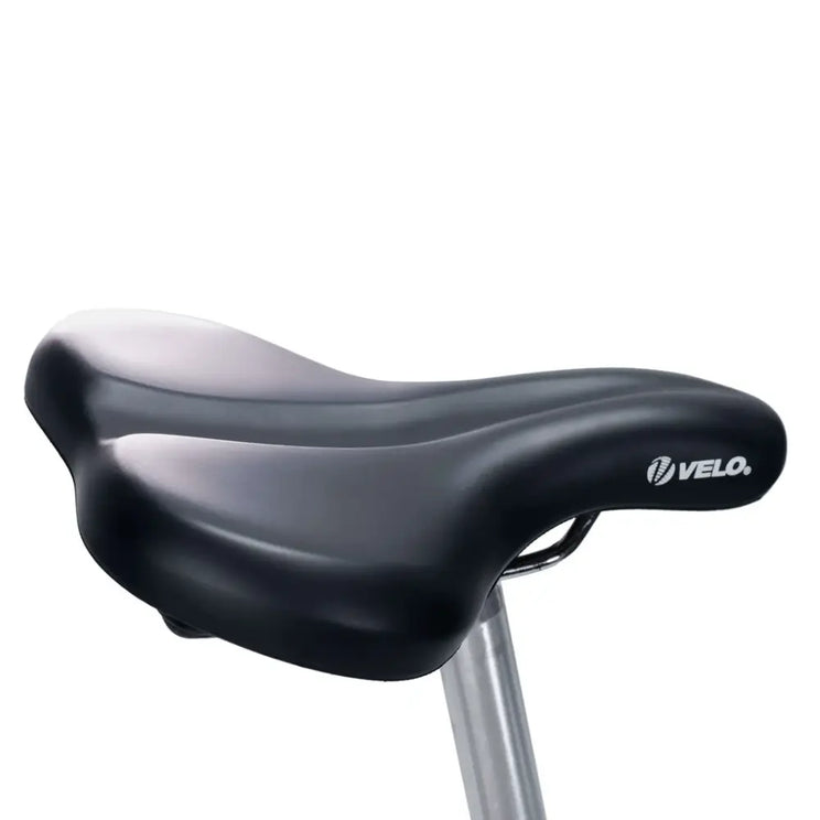 Close-up of the black Velo comfort saddle on the Emu Roam electric bike, designed for comfortable city riding.