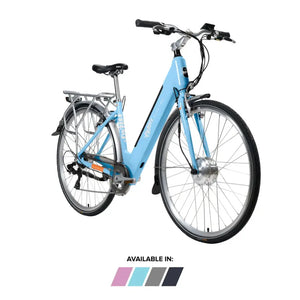 Angled front view of the light blue Emu Roam electric bike highlighting the step-through frame.