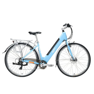 Full side profile of the light blue Emu Roam step-through hybrid electric bike featuring a 250W front hub motor and rear rack.