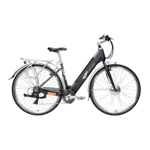 Full side profile of the grey Emu Roam step-through hybrid electric bike featuring a 250W front hub motor and rear rack.