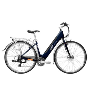 Full studio side profile of the navy blue Emu Roam step-through hybrid electric bike featuring a 250W front hub motor and rear rack.