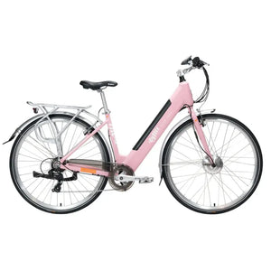 Full side profile of the pink Emu Roam step-through hybrid electric bike featuring a 250W front hub motor and rear rack.