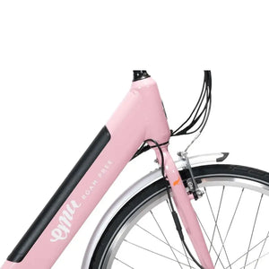 Close-up of the pink Emu Roam electric bike frame showing the integrated battery downtube and front fork.