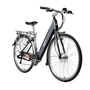 Angled front view of the grey Emu Roam electric bike highlighting the step-through frame.