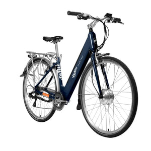 Angled front view of the navy blue Emu Roam electric bike highlighting the step-through frame.