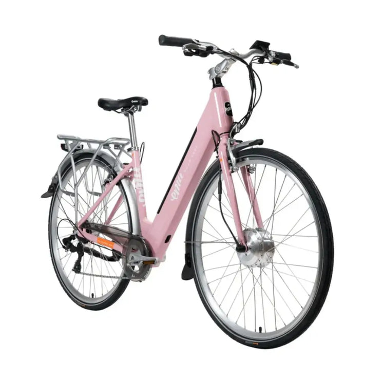 Angled front view of the pink Emu Roam electric bike highlighting the step-through frame.
