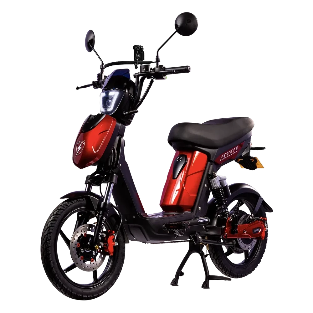 Eskuta SX-250 in Gloss Candy Red with its mirrors, LED headlamp, twin disc brakes and pedals highlighted
