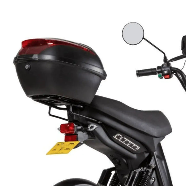 22L rear storage pod mounted on the Eskuta SX-250 Electric Cargo Bike, with a secure lock and matching black finish.