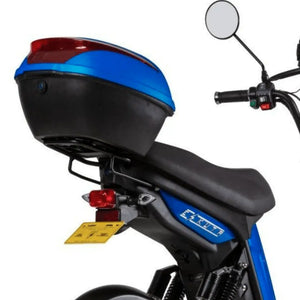 22L rear storage pod mounted on the Eskuta SX-250 Electric Cargo Bike, with a secure lock and matching gloss blue finish.