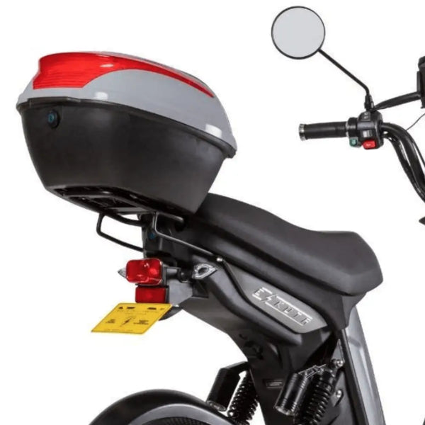 22L rear storage pod mounted on the Eskuta SX-250 Electric Cargo Bike, with a secure lock and matching grey finish.