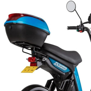 22L rear storage pod mounted on the Eskuta SX-250 Electric Cargo Bike, with a secure lock and matching matt blue finish.