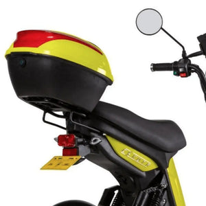 22L rear storage pod mounted on the Eskuta SX-250 Electric Cargo Bike, with a secure lock and matching yellow finish.