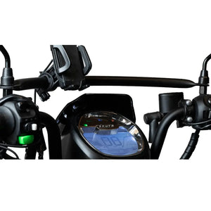 Close-up view of the Eskuta SX-250 Electric Cargo Bike tech bar with mounted phone holder and digital display.