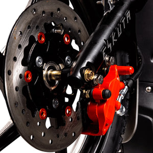 Close up of the Eskuta SX-250 front disc brake and red brake caliper