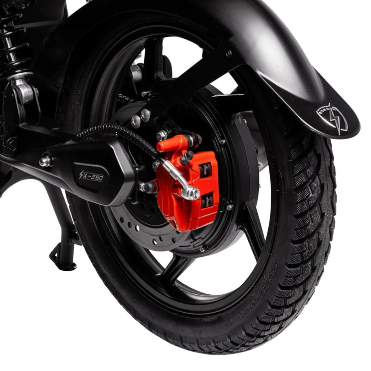 Close up of the 250W brushless rear hub motor on the Eskuta SX-250 Series 4 electric bike