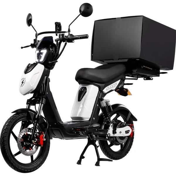 Eskuta SX-250 Series 4 cargo moped-style electric bike with 250W motor, white finish, and large rear delivery box.