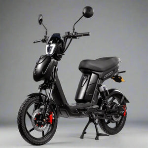 Side view of the Eskuta SX-250 Series 4 moped-style electric bike in black, showing front disc brake and dual mirrors.