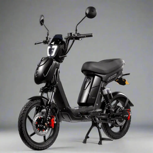 Eskuta SX-250 Series 4 Classic black moped-style electric bike with front suspension, disc brakes, and urban commuter design in studio setting.