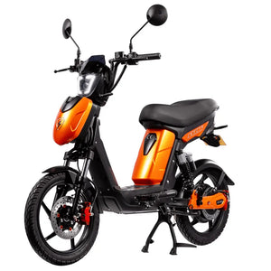 Side view of the Eskuta SX-250 Series 4 moped-style electric bike in orange, showing front disc brake and dual mirrors.