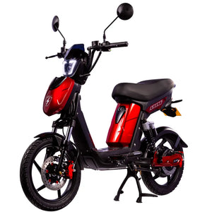 Side view of the Eskuta SX-250 Series 4 moped-style electric bike in red, showing front disc brake and dual mirrors.
