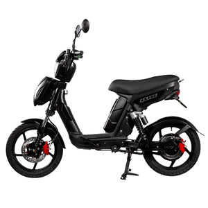 Side view of the Eskuta SX-250 Series 4 moped-style electric bike in black, showing front disc brake and dual mirrors.