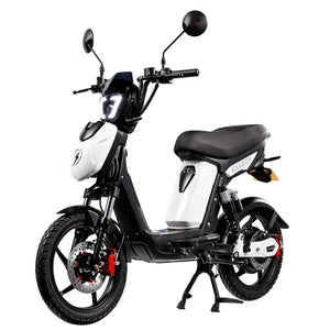 Side view of the Eskuta SX-250 Series 4 moped-style electric bike in white, showing front disc brake and dual mirrors.