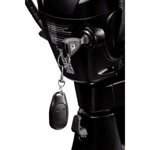 Close-up of the Eskuta SX-250 Series 4 electric bike ignition with inserted key and remote fob.