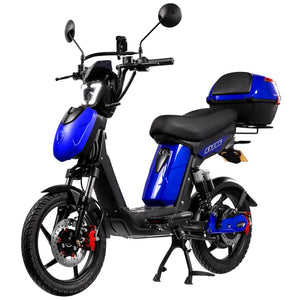 Eskuta SX-250 Series 4 Tourer moped-style electric bike with 250W motor, blue body panels, and rear storage box for comfortable commuting and leisure rides.