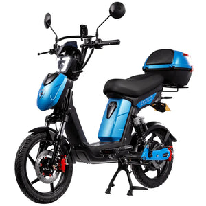Eskuta SX-250 Series 4 Tourer moped-style electric bike with 250W motor, matt blue body panels, and rear storage box for comfortable commuting and leisure rides.