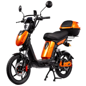 Eskuta SX-250 Series 4 Tourer moped-style electric bike with 250W motor, orange body panels, and rear storage box for comfortable commuting and leisure rides.